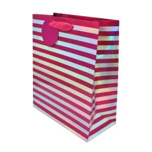 Pink and silver striped gift bag with a pink circle handle, angled view - Art & Craft