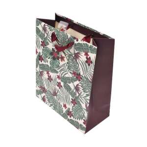 Clairefontaine gift bag with tropical leaf and flower pattern, red ribbon, and burgundy bottom - Art & Craft
