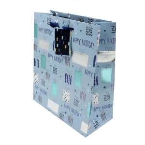 Синя торбичка за подарък с черно-бял модел на подаръци, с надпис 'Честит Рожден Ден' - Изкуства и хобита