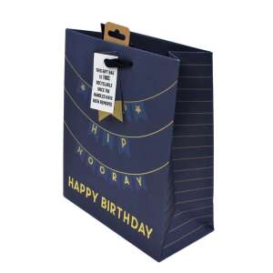 Blue and gold Happy Birthday gift bag with black ribbon handles - Gift wrapping