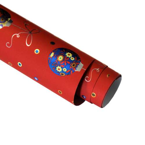 Red Christmas wrapping paper with blue and yellow ornaments