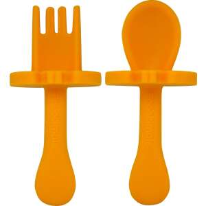 Frootimals orange silicone spoon and fork set for babies, close-up - Children's cutlery