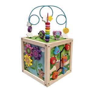 Frootimals 5-in-1 Activity Sensory Cube, wooden toy with multiple activities for babies and toddlers, featuring gears, bead maze, shape sorter, and more - Frootimals
