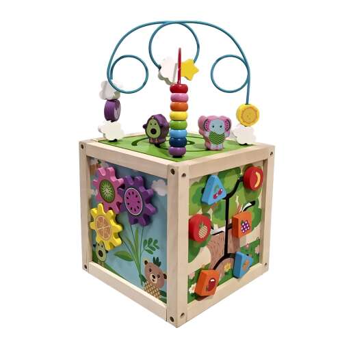 Frootimals 5-in-1 Activity Sensory Cube, wooden toy with multiple activities for babies and toddlers, featuring gears, bead maze, shape sorter, and more
