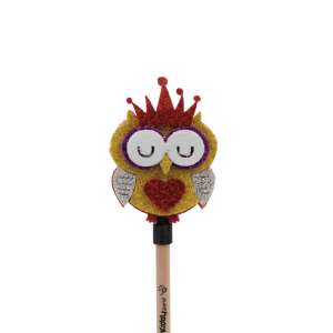 Yellow and red glitter owl pencil topper with crown, Kidsfun pencil - Graphite Pencil