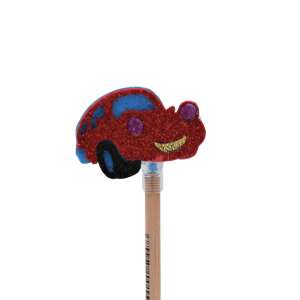 Red glitter car pencil topper, blue windshield, purple eyes, gold smile, wooden pencil - Pen & Pencil