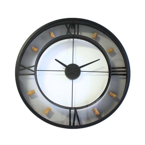 Koopman 57 cm black metal wall clock with Roman numerals and wine cork accents