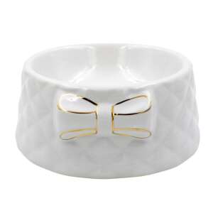 White porcelain pet bowl with gold bow design, Arany íj brand - Pet Care