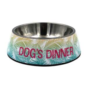 Hunde-Napf aus Edelstahl mit Palmen-Design und dem Text 'Dog's Dinner' - Viehzucht