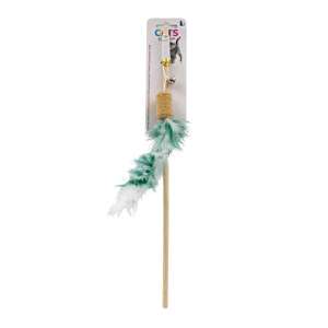 Interactive cat stick toy with feather and bell, green and white, 40cm long - Cat Toy