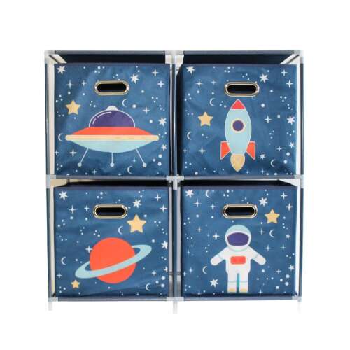 Space themed modular storage unit with 4 fabric storage boxes, featuring astronaut, rocket, UFO and planet designs