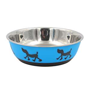 Blue stainless steel dog bowl with black dog paw prints, 17cm diameter - Pet Care