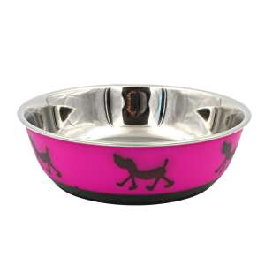 Pink stainless steel dog bowl with black paw prints, 17cm - Pet Care