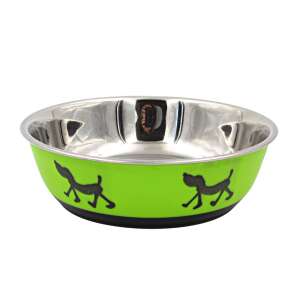 Green stainless steel dog bowl, 17cm, with dog paw prints - Pet Care
