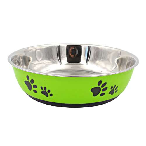 Green stainless steel pet bowl with paw print design, 22cm