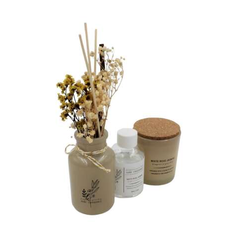 White Rose Jasmine Home Fragrance Diffuser Set with Reed Diffuser, Scented Candle and Dried Flowers