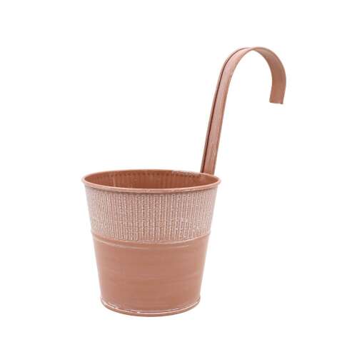 Pink metal flower pot with hook for railing, 12.5 cm