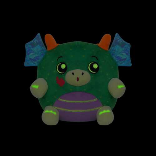 Dream Beams Draco the Dragon plush toy, green dragon with blue and gold wings, glowing in the dark, front view