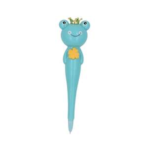Blue frog pen with a crown, holding a yellow flower, funny frog pen, animal pen, stationery - Pen