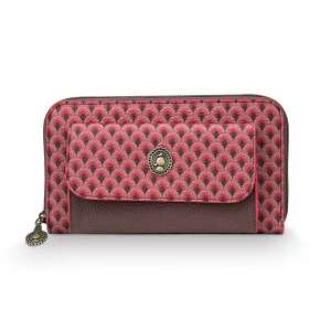 Suki pink wallet with floral pattern, closed, front view with brown leather detail - Pip Studio