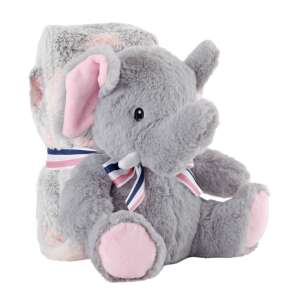 Elefant de pluș gri cu urechi și picioare roz, ținând o pătură cu model roz și gri, perfect pentru îmbrățișări - Paturici bebe