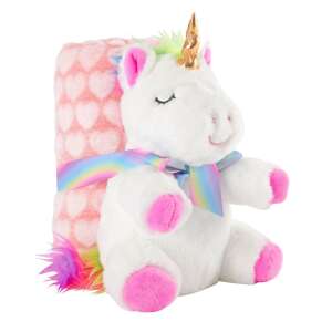 Set de pătură și animal de pluș unicorn alb, 22cm, inimi roz, panglică cu curcubeu - Paturici bebe
