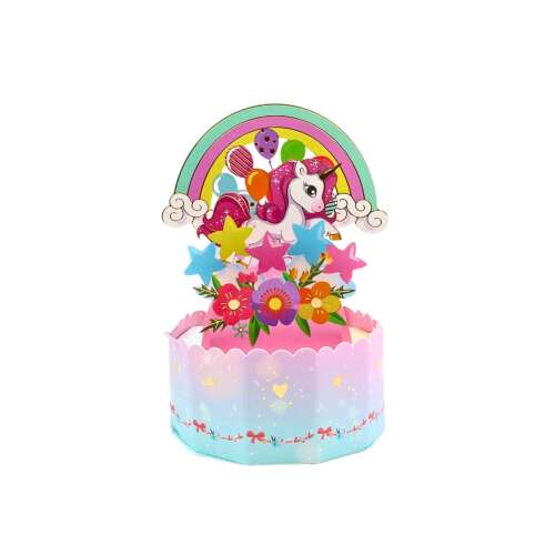 Magic Pop-Ups Cartă pop-up 3D cu unicorn, curcubeu, baloane și stele, carte de ziua de naștere