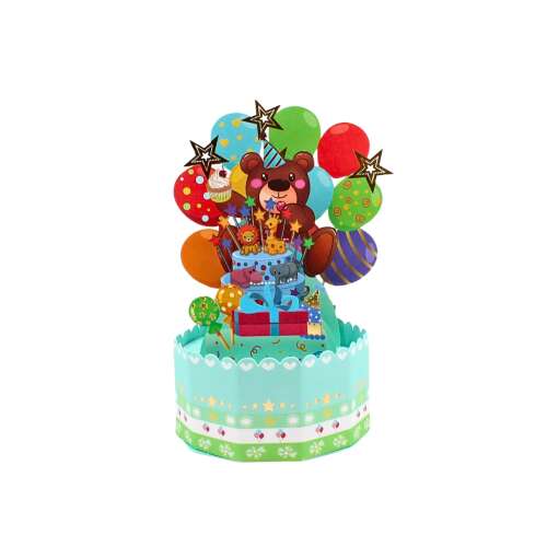 Magic Pop-Ups Zoo 3D pop-up card with a birthday cake, bear, balloons, and animals