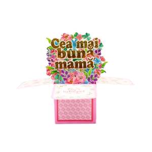 Magic Pop-Ups 3D greeting card for Mother's Day, featuring a floral design and the text "Cea mai buna mama" in gold glitter - Greeting Card, Invitation