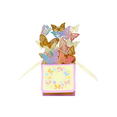 Magic Pop-Ups Butterflies 3D pop up card with butterflies, pink and yellow design, open box