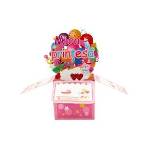 Magic Pop-Ups Cartă pop-up 3D pentru o fetiță, cu baloane, un cărucior și un iepuraș, cu cuvintele "Mica printesa" și "La Mulți Ani!" - Felicitări, invitații
