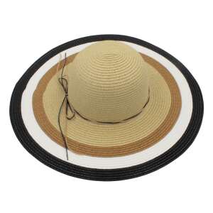 Bézs szalmakalap fekete, fehér és barna csíkokkal, női strandkalap vékony szalaggal - Női kalap