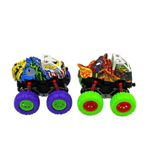 Dinoszaurusz Monster Trucks set, angled view of two toy cars with dinosaur design