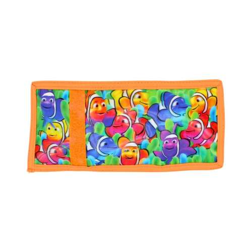 Orange kids wallet with colorful fish design, velcro closure