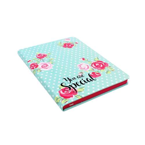 Floral Notebook with 'You are Special' inscription, turquoise with white dots and red roses