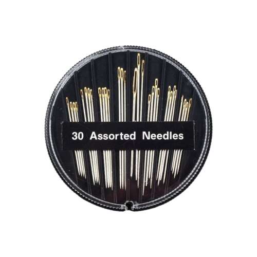 30 darabos varrótűkészlet arany fülekkel kerek múplasztik tárolóban