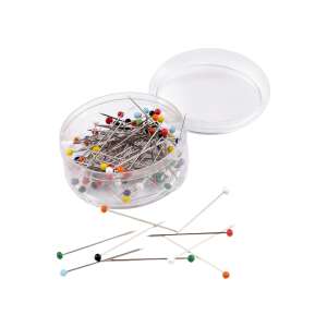 90 piece Chrysalis glass head sewing pins in a clear plastic container - Art & Craft