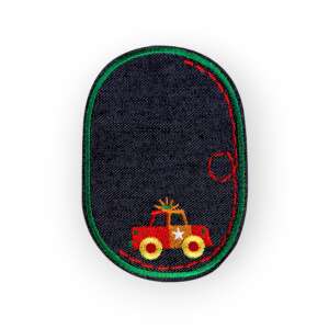 Vasalható folt piros autó mintával, 7.8 x 12 cm, zöld szegéllyel, gyerekek ruhájához - Vasalható matrica