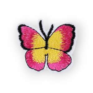 Embroidered butterfly iron-on patch, 36 x 40 mm, pink and yellow - Iron-on patch