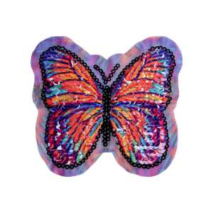 Visszafordítható flitteres pillangó applikáció, 10x10 cm, narancssárga, ruhákhoz, táskákhoz, hátizsákokhoz - Vasalható matrica