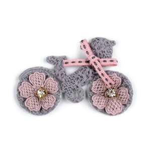 Grey and pink bicycle shaped fabric applique with flowers and a bow, 4 x 6.7 cm - Crisalida Patch