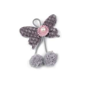 Gray butterfly fabric applique with flower and pom poms, 43 x 65 mm - Crisalida Patch
