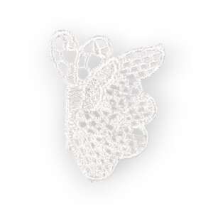 Fehér horgolt pillangó applikáció, 4 x 5,8 cm, ruházathoz, otthoni dekorációhoz és kézműveskedéshez - Csipke