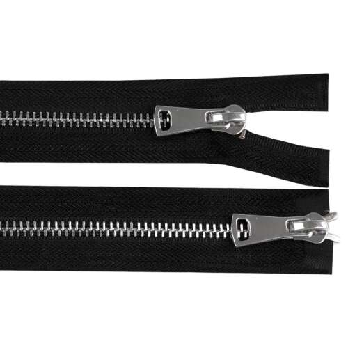 Black 60cm metal zipper with two sliders, silver teeth