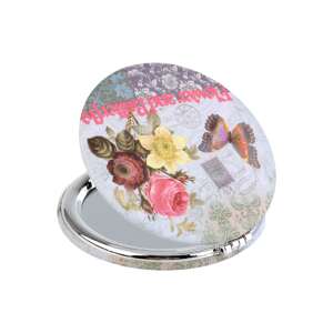 Pillangó dupla erszényes tükör 7,2 cm, Dove Grey, vintage style compact mirror with butterfly and rose design - Cosmetic Mirror