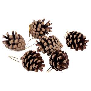 Set of 6 pine cones for decorating, natural material with lurex string - Christmas tree ornament