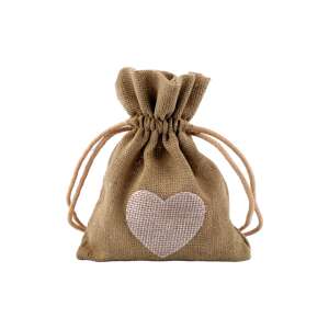 Bézs pamut húzózsinóros táska szívvel, 11 x 13 cm - Művészet & Hobbi