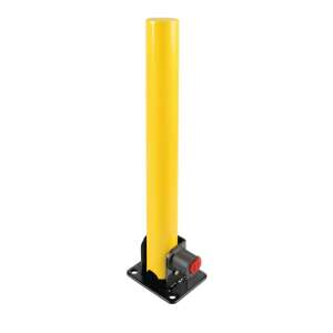 Yellow retractable parking bollard with black base and red button - Parking Barrier