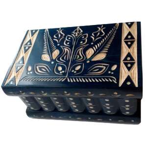 Blue wooden puzzle box with white floral carvings, closed - Jewelry Box