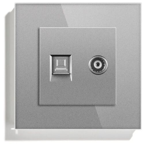 Gniazdo TV + Internet RJ45, Cat6, Ramka ze szkła hartowanego, iUni TDS, Srebrny
